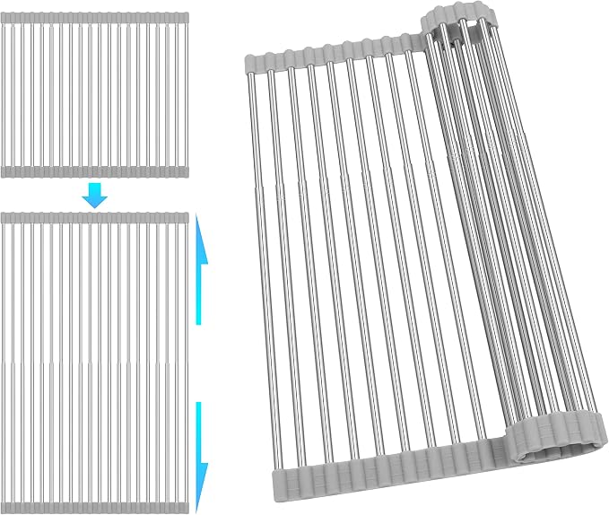 304 Stainless Steel Roll Up Dish Drying Rack | Adjustable Over The Sink Dish Drying Rack for Kitchen, 10"-20" Foldable Dish Rack for Drying Dishes & Draining Items