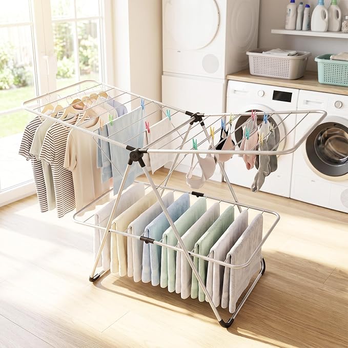 Tangkula Clothes Drying Rack Foldable, 2-Level Heavy-Duty Aluminum Laundry Drying Rack Collapsible with Height-Adjustable Wings, Space-Saving Freestanding Airer Clothing Dryer Stand for Indoor Outdoor