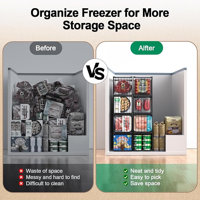 MSERCUOR Freezer Organizer Bins, 2 Pack Stackable Deep Chest Freezer Organizer Bins, Foldable Freezer Baskets with Handles, Black Freezer Storage Organizer Baskets for 5/ 7 Cu.FT Sort Frozen Meats