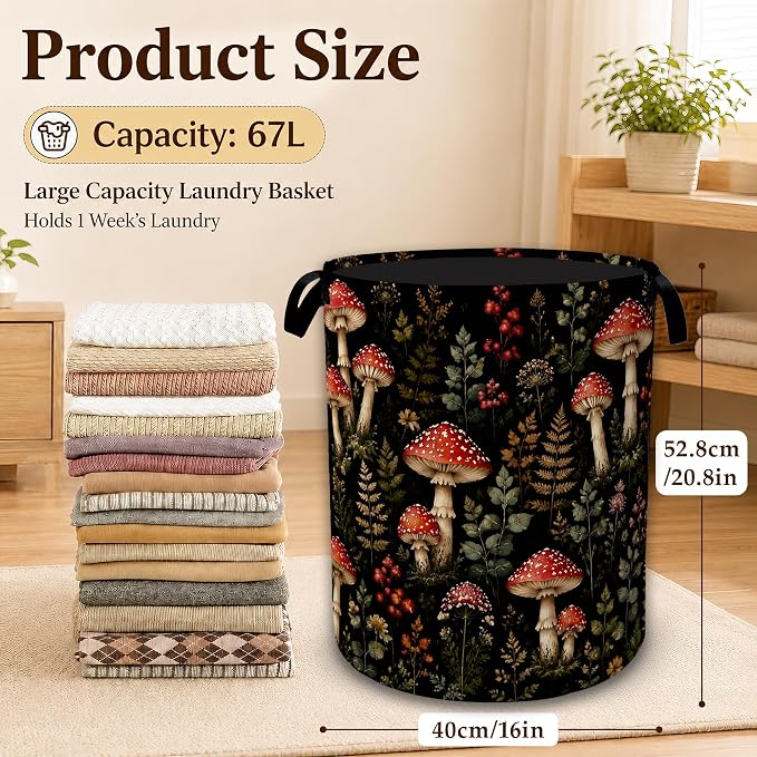 Woodland Mushroom Forest Large Clothes Hamper, Portable Collapsible Laundry Basket with Handles, Freestanding Storage Bin for Bedroom Bathroom Dorm Laundry Room