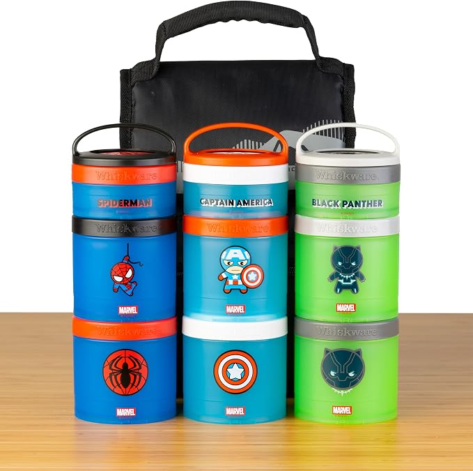 Whiskware Marvel Stackable Snack Containers for Babies, Kids, and Toddlers, 3 Stackable Snack Cups for School or Travel, Formula and Cupholder Friendly, Captain America (Pack of 12)