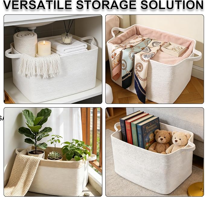65L Large Laundry Basket with Handles,Woven Blanket Basket,White | 21"×16"×12" Collapsible Cotton Rope Storage Basket for Toys Clothes & Pillows, Nursery, Bathroom, Bedroom, Living Room