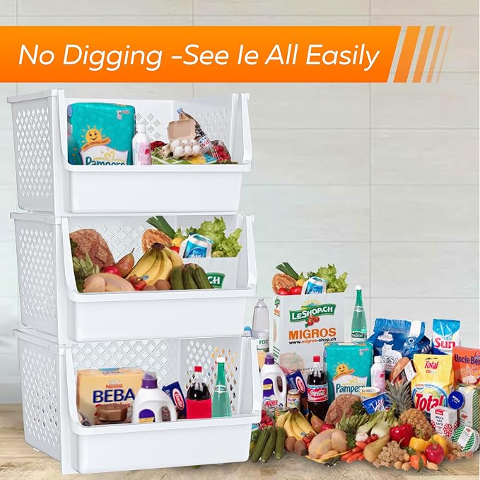 XLarge Stackable Storage Bins Open Front for Pantry Storage, 6 Pack - White | Sturdy Plastic, Easy Stacking, Open Front Access, Ventilated Sides, Vertical & Space Saving Pantry Organizers and Storage Bin