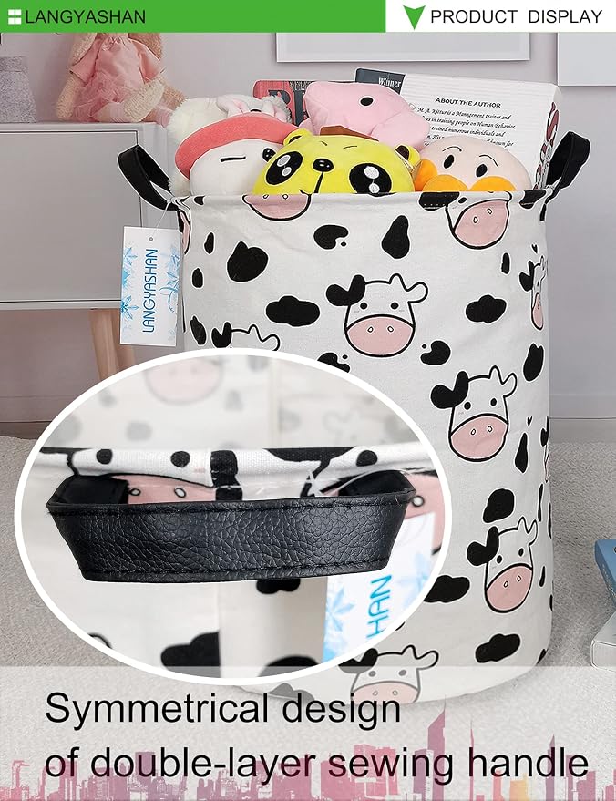 Round Laundry Basket Collapsible Storage Hamper Organizer Spotted Cow | Waterproof Canvas Foldable Baskets with sturdy Handles Multi-scene Organizer for Home Play Bedroom Gift Bin