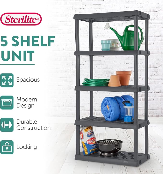 Sterilite 5 Shelf Unit, Heavy-Duty Shelving Storage Rack for Home and Garage, Gray - Multipurpose Plastic Organizer Shelves for Smart Organization | Freestanding Organizer with 150 lb Capacity Per Shelf for Kitchen, Bathroom, Garage, Basement, Pantry &...