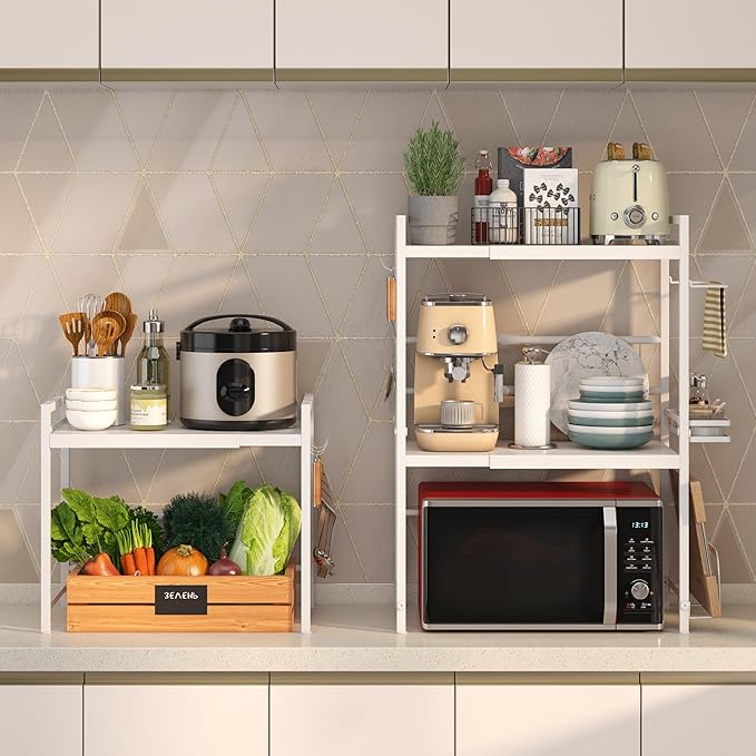 DOLALIKE Expandable Microwave Stand Kitchen Countertop Organizer, White | Adjustable Microwave Oven Rack Metal Storage Shelf with 3 Hooks for Pans Small Appliances Kitchen Utensils Tableware, 2-Tier