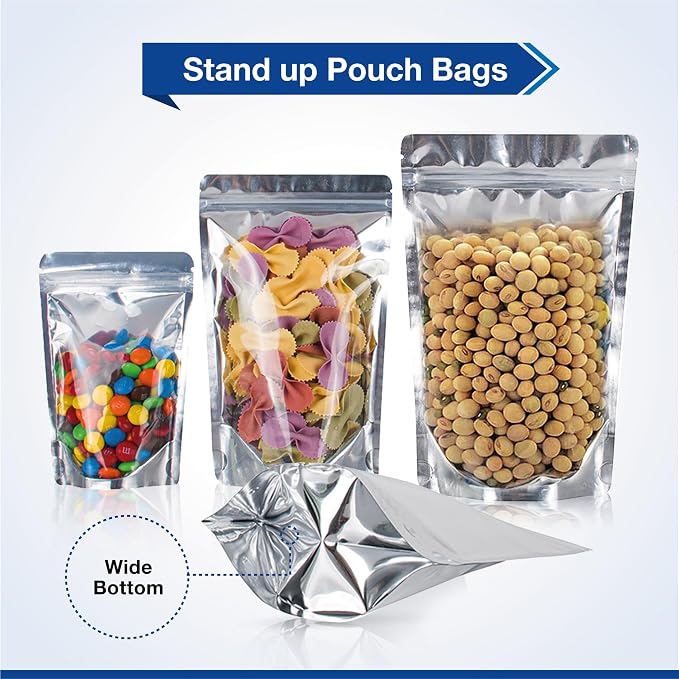 BELLE KR® 6x9 Mylar Bags Stand Up - Pack Of 100-7.5mil Thick - Clear Mylar Bags with See Through Window for Freeze Drying Food - Bonus Labels Included