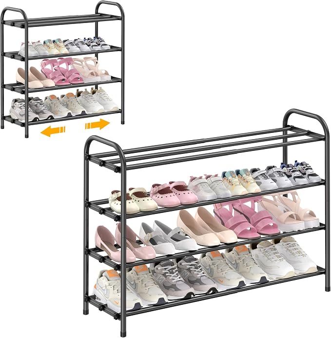 Hleelomi 4-Tier Expandable Shoe Rack, Black | Adjustable Metal, For Entryway, For Closet, For Living Room, For Dorm