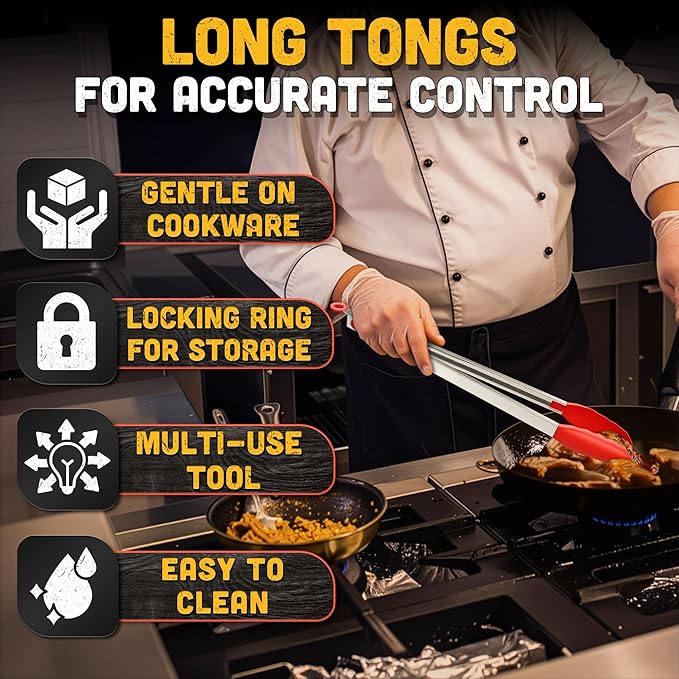 Salad Tongs - 17.3" Extra Long Tongs with Silicone Tip & Stainless Steel Frame for Salad Mixing & Serving, Safe Turning of Steaks, Burgers & Veggies - Easy-Lock Handle, Non-Slip Grip & Storage Loop