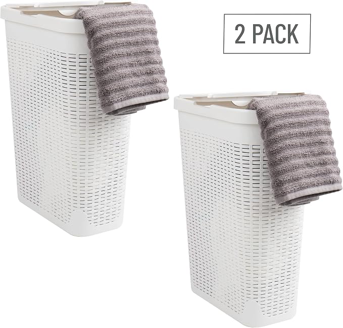 Mind Reader 40L Slim Laundry Hamper with Lid, Narrow Clothes Baskets, Set of 2, White