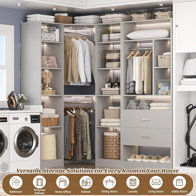Besiost Corner Closet System with 2 Sets, 63.2" Corner Closet Organizer System with 2 Drawers + 18 Shelves + 3 Hanging Rods, Reversible L Shaped Walk-in Closets, Grey (63.2" L x 39.2" W x 80" H)