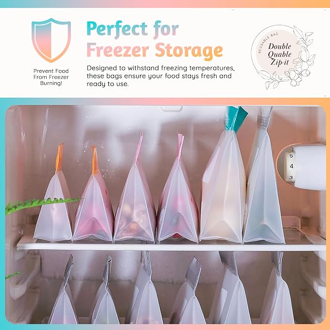 Reusable Food Storage Bags 8-Pack – BPA-Free Freezer & Dishwasher Safe, Leakproof Stand-Up Snack Bags 2 Gl + 2 L, 4 M– Eco-Friendly Airtight Ziplock Bags for Kitchen & Travel(Multicolor)