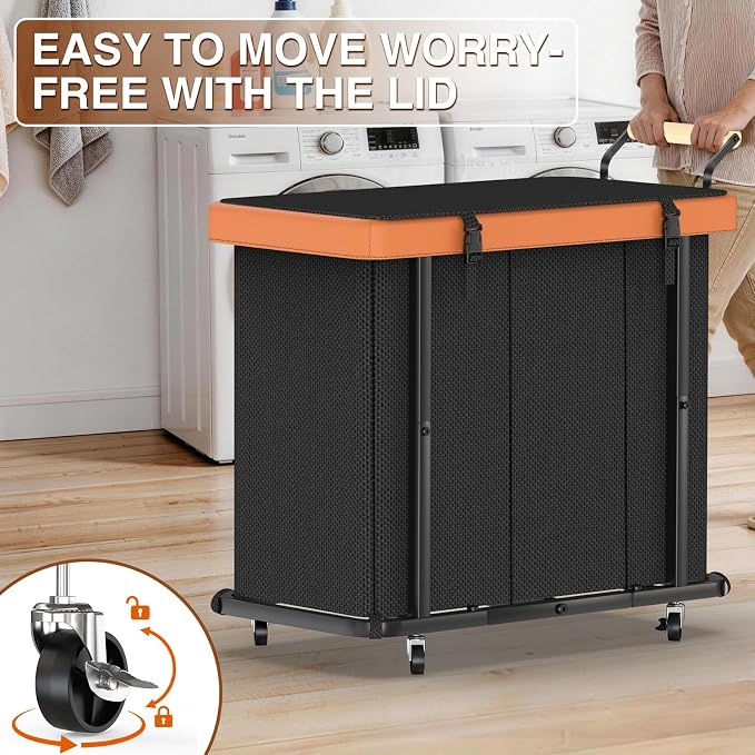 Rolling Laundry Hamper with Wheels, Laundry Hamper 3 Section with Lid Black | Laundry Basket with Rolling Lockable Wheels and Handle, Laundry Basket Organizer for Laundry Room, Bedroom 230L