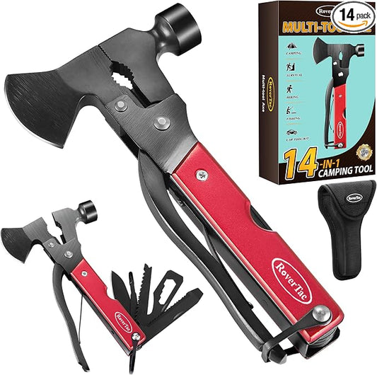 14-in-1 Multitool Camping Axe Hatchet – Essential Camping Gear with Knife, Hammer, Saw, Bottle Opener, Screwdriver – Multi Tool with Sheath – Gifts for Men, Dad, and Outdoor Adventures