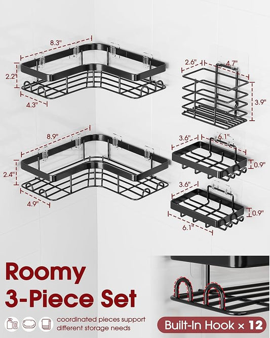 Sakugi Corner Shower Caddy - 5-Pack Shower Organizer with Soap Holder & Toothbrush Holder, Rustproof Metal Shower Shelves, Laundry, Kitchen, Bathroom Organizers and Storage Solution, Large, Black