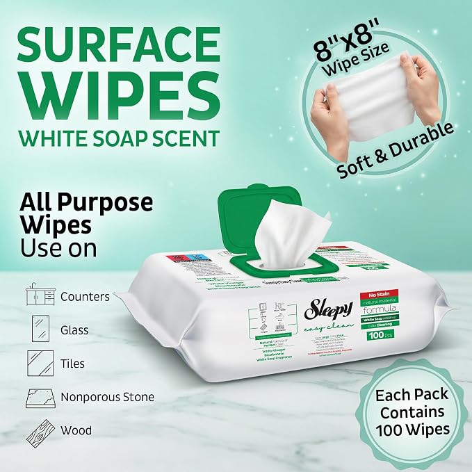 Sleepy Easy Clean XL Multi Surface Cleaning Wipes (100 Count) – Natural Vinegar & Baking Soda Formula – Jumbo 8"x8" All Purpose Wet Wipes for Kitchen, Bathroom, Glass & Electronics – No Streak