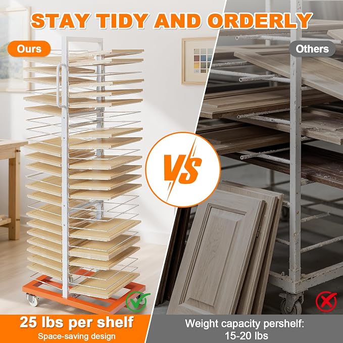 Heavy Duty Paint Drying Rack with 50 Removable Shelves, 25 lbs Capacity | Sturdy load-bearing metal frame, freely adjustable shelf spacing, easy quick assembly, vertical space-saving storage