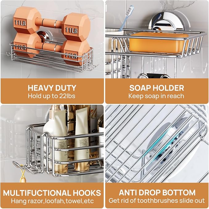 LEVERLOC Shower Caddy Suction Cup, 3 Pack Heavy Duty Bathroom Organizer for Inside Shower with Hooks & Soap Holder, Removable Bathroom Organizer, Rustproof Silver Holder Storage,Silver