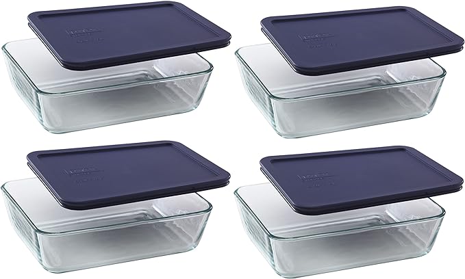 Pyrex 7211 6-Cup Glass Dish & 7211-PC Dark Blue Lid (4-Pack) - Made in USA | Top-Rack Dishwasher Safe | Freezer Safe | Non-Porous Borosilicate | Tight-Sealing Flexible Plastic Covers