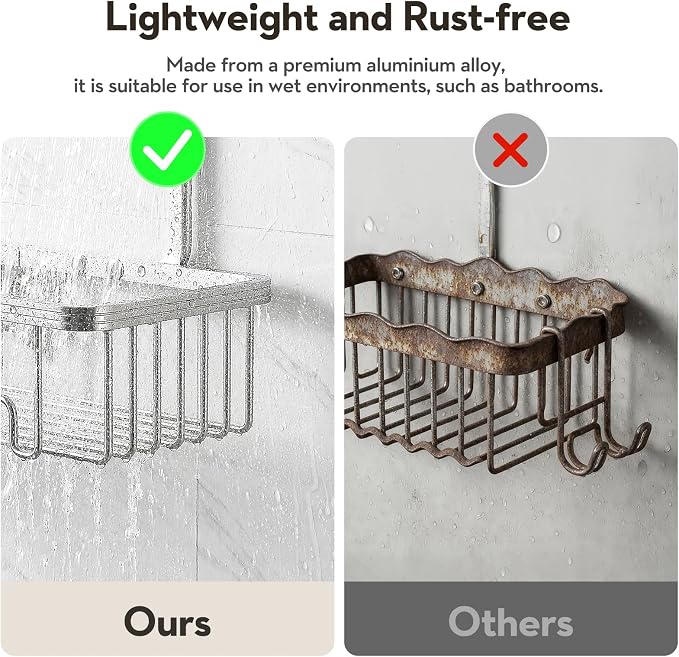 Shower Caddy Hanging, Never Rust Shower Organizer Hanging, Aluminum Shower Racks for Inside Shower with Hooks for Razor, Bathroom Organizers and Storage with Soap Holder, Bright Silver