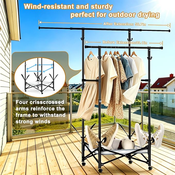 Portable Foldable Clothes Drying Rack - Adjustable Double Extendable Rods (33.1” to 56.7”) -Portable Coat Rack for Travel, Camping, Drying, RV, Indoor, Outdoor, Easy Assemble (Black)