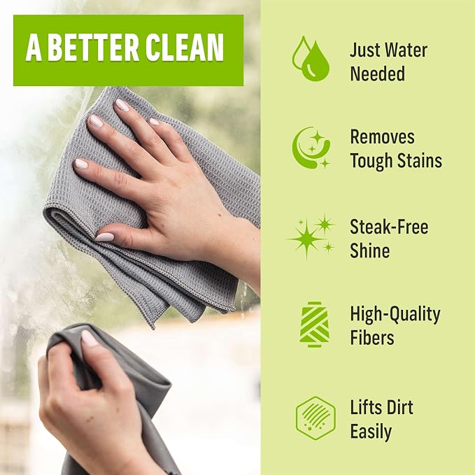 E-Cloth Microfiber Window Cleaning Cloth Kit - Glass Cleaning Cloth for Windows, Mirrors, Cars, Lenses, Eyeglasses, & More, Streak Free Clean, Machine Washable Reusable Towel - Gray