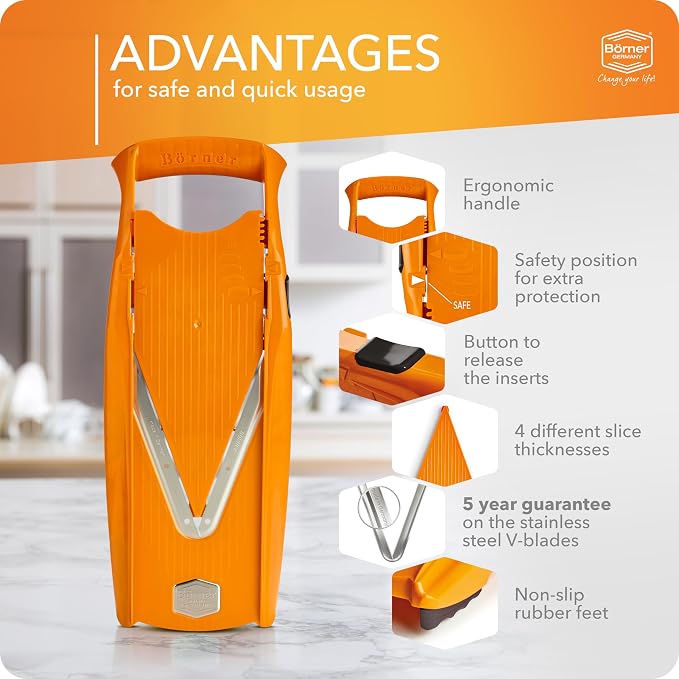 Börner Mandoline Slicer V5 (Basic Set) • Vegetable V-Slicer for Slices in 4 Thickness Settings • Stainless Steel V-Blade • Adjustable Kitchen Slicer for Vegetables & Fruits • Color: Orange