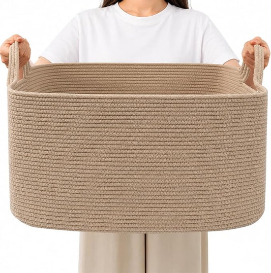 65L Large Laundry Basket with Handles,Woven Blanket Basket,Jute | 21"×16"×12" Collapsible Cotton Rope Storage Basket for Toys Clothes & Pillows, Nursery, Bathroom, Bedroom, Living Room