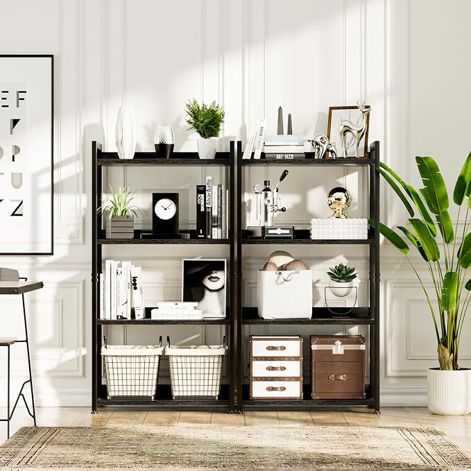 NUMENN Bookshelf, 4 Tier Freestanding Shelving Unit, Black | Metal Frame & Wood Shelves, Falling Prevention Baffle, Open Storage Bookcase for Bedroom, Living Room & Home Office