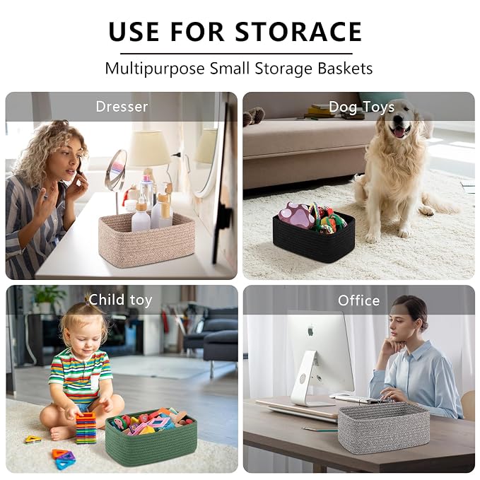 OIASKET 4 Pack Small Storage Shelf Baskets for Organizing, Mini Woven Rope Storage Bins for Towels, Cute Decorative Closet Organizer，Baby Nursery, Gift Empty Baskets -13''Lx8.66''Wx5.11''H-White