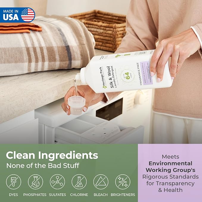 Heritage Park Silk & Wool Delicates Detergent - Fragrance Free - 32 fl oz | EWG Verified & EPA Safer Choice - Enzyme-Free Liquid Detergent - Hypoallergenic, Dermatologist Tested, Gentle on Silk & Wool