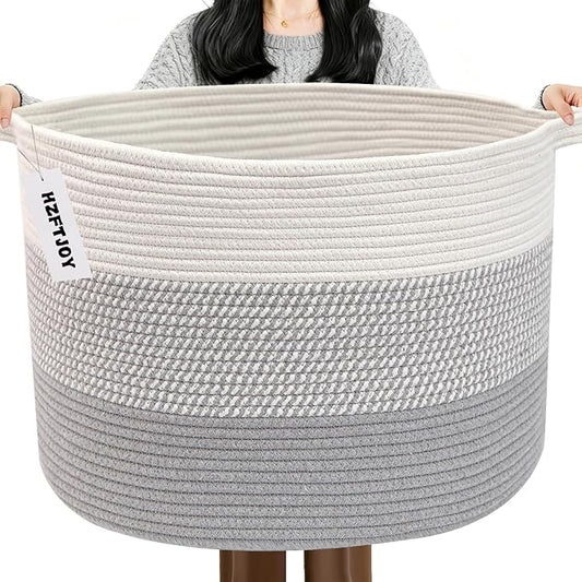 115L Extra Large Blanket Basket,Woven Rope Laundry Basket-Grey | Collapsible, reinforced handles, nursery storage bin organizes clothes, toys and pillows for living room, bedroom bathroom
