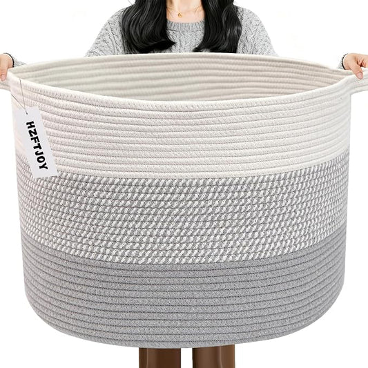 65L Large Blanket Basket,Woven Rope Laundry Basket-Grey | Collapsible, reinforced handles, nursery storage bin organizes clothes, toys and pillows for living room, bedroom bathroom