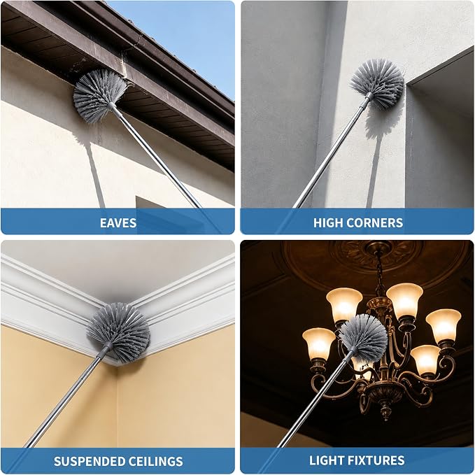 Cobweb Duster with Extension Pole, 90" Spider Web Brush, Grey | Cobweb duster with extension pole & stainless steel telescopic handle. For ceilings, fans & corners. Collapses to 15.7".
