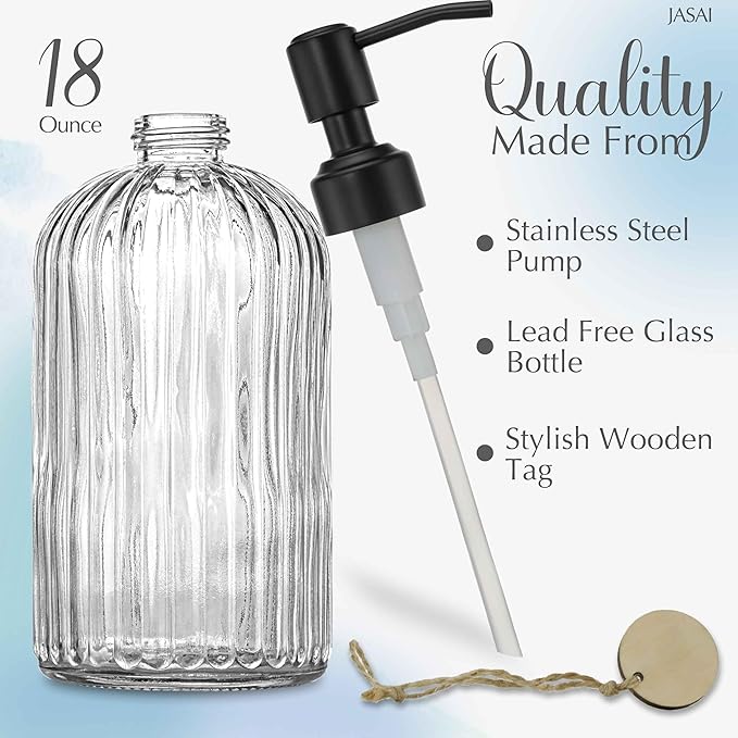 JASAI 18Oz Simple Glass Soap Dispenser with Black Rust Proof Pump. | Refillable Kitchen soap Dispenser with Vertical Stripe, Bathroom Soap Dispenser for Dispense Hand soap, Dish Soap, Lotion.