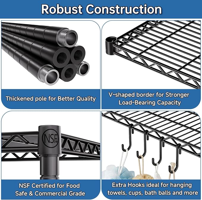 Heavy Duty Garage Shelving with Wheels: 55.5" W x 24" D x 81" H 4 Tier Wire Metal Storage Shelves, Adjustable NSF Commercial Shelf, Rolling Tote Rack Organizer for Pantry, Warehouse, Black