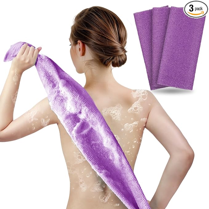 ARCH&M Exfoliating Washcloth Towel, Purple, 3-Pack | Textured Nylon, Korean Bath Scrub & Japanese Washcloth, For Body, Back, & Legs, For Ingrown Hairs & Smooth Skin