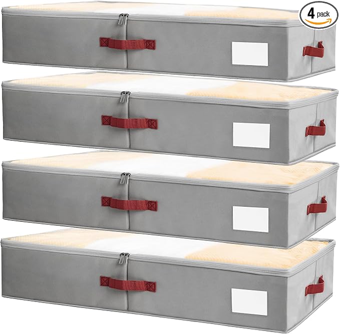 Criusia Under Bed Storage Bins with Clear PVC Lids – 4 Pack Large Underbed Organizers with Heavy-Duty Handles, Reinforced with 800G PP Panels & 80G Non-Woven Fabric – Waterproof & Foldable, Gery