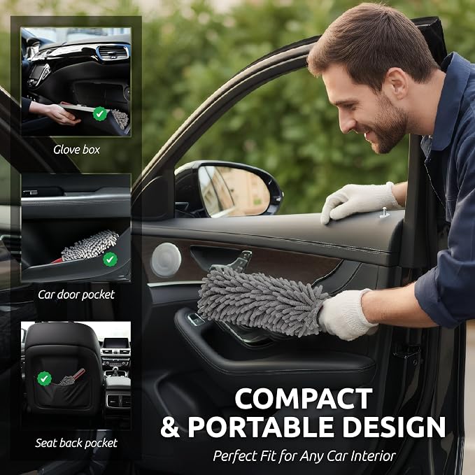 TAKAVU Car Duster Interior, 360° Microfiber Fingers, Lint & Scratch Free | Unbreakable Comfort Handle Duster, Includes Microfiber Towel, Lint-Free & Safe for Car & Home Interior, Gray