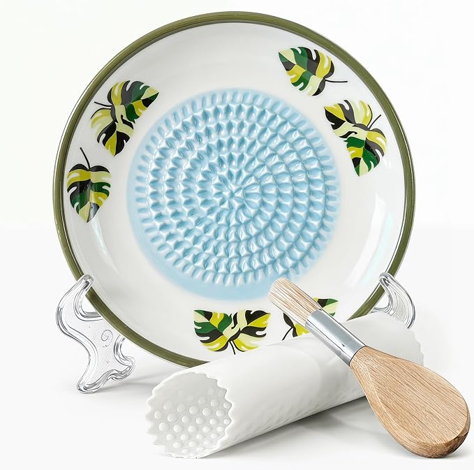 4.72" Handcrafted Ceramic Garlic Grater Plate Set - Handmade Porcelain Food Mincer with Wood Brush & Textured Silicone Peeler - Sage Green Tropical Palm Leaf Kitchen Gift