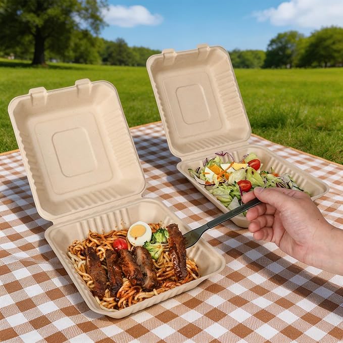 Aricsen Compostable 1 Compartment 100 Pack 8×9 Inch TakeOut Lunch Box Containers with Lid Togo Take Out Clamshell for Food, To Go Disposable Eco-Friendly Biodegradable Bagasse, PFAS-Free, Brown