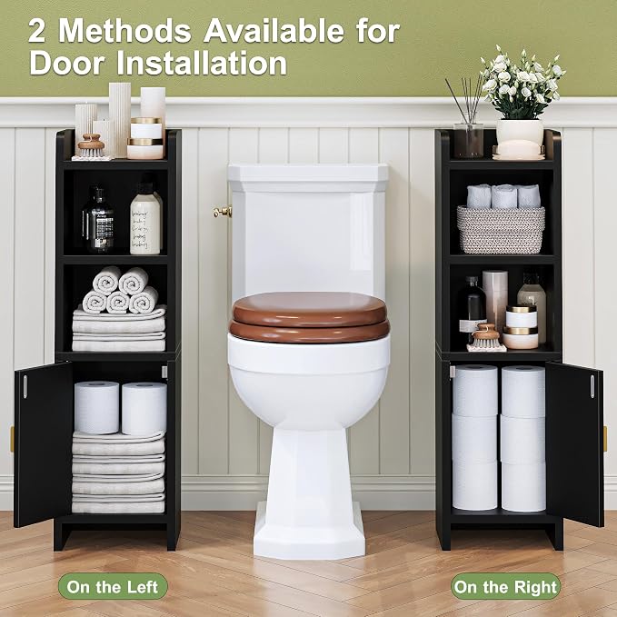 Small Bathroom Storage Cabinet, Narrow and Slim Storage Cabinet with Rattan Door and Adjustable Shelves, Corner Floor Bathroom Organizers and Storage for Small Space, Black HSC001B