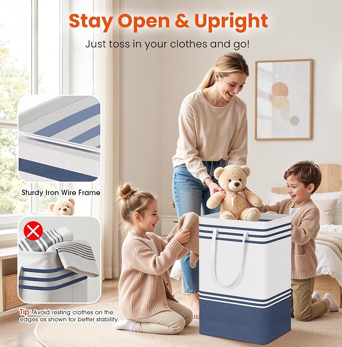 TranquilRelax 3-Pack Laundry Basket, Laundry Hamper, Blue-88L | Freestanding＆Water-Resistant Laundry Hamper, Collapsible Tall Clothes Hamper with Carry Handles for Clothes, Laundry Basket