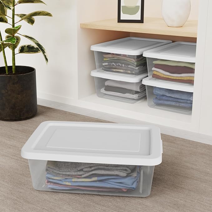 Sterilite 36 Pack Storage Box, 12 Quart Stackable Tote, Clear Plastic Container with Secure Snapping Lids for Home and Office Organization, White