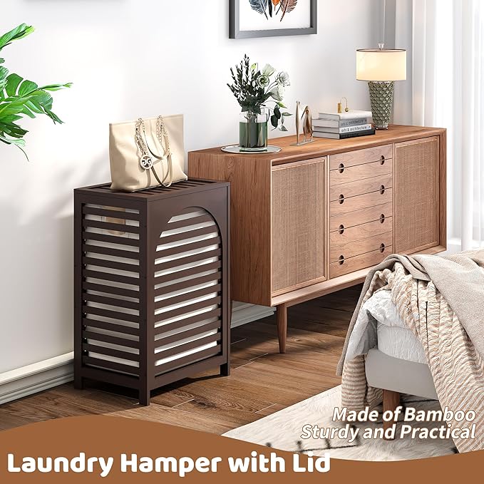 Laundry Hamper with Lid (16.9 * 13 * 26.5inches) Large Bamboo Laundry Bin Basket 85L Clothes Hamper with 1 Removable Bag Storage baskets for Bathroom(Brown)