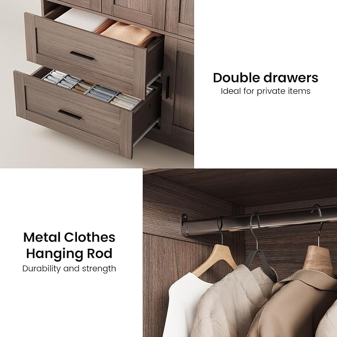 ANCTOR 70.6 Inch Armoire Wardrobe Closet with Drawers (Dark Walnut) | Freestanding engineered wood armoire with a hanging rod, adjustable shelves and concealed storage for bedroom organization