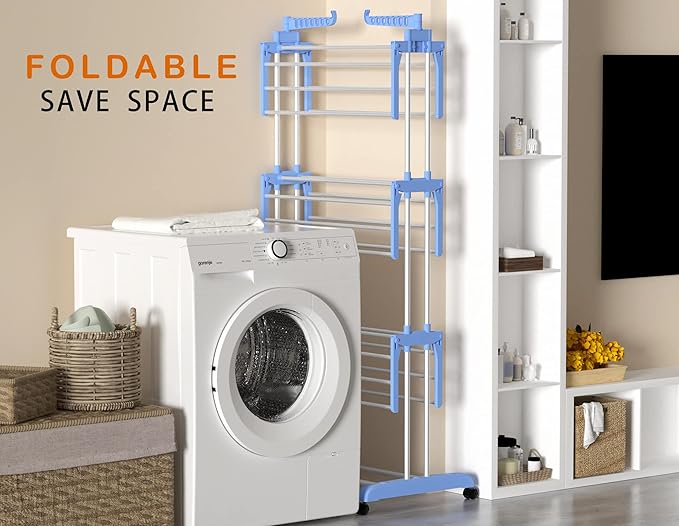 HOMIDEC Clothes Drying Rack, 4-Tier(67.7" H) Foldable Drying Rack Clothing | Foldable Stainless Steel Drying Rack, Movable Laundry Drying Rack with 4 Castors and 14 Hooks for Bed Linen, Clothing, Blue