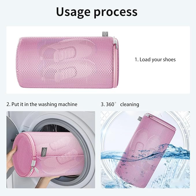 Shoe Washing Machine Bag, Laundry Bag for Sneaker, Pink, 8x15, 2Pcs | Shoe Washing Bag for Footwear, Trainers, Tennis, Slippers, Building Blocks, Sandwish Mesh, Travel, Divided, Prevent Tangling