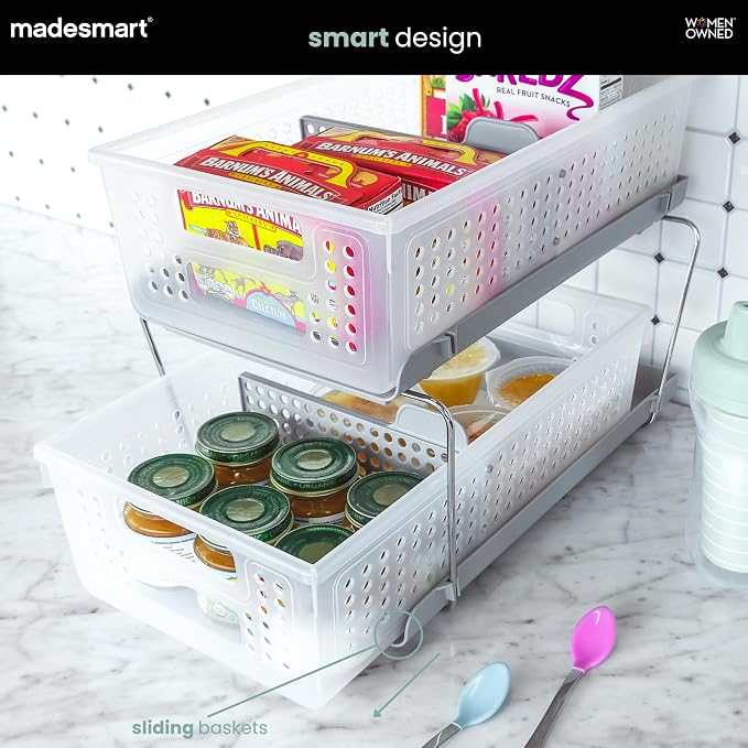 madesmart 2 Tier Organizer, Under Cabinet Storage with Pull Out Sliding Drawers, for Cleaning Supplies, Pantry, Undersink, Sponges, Bottles & Bath, Adjustable Dividers & Pull Out Baskets, Frost