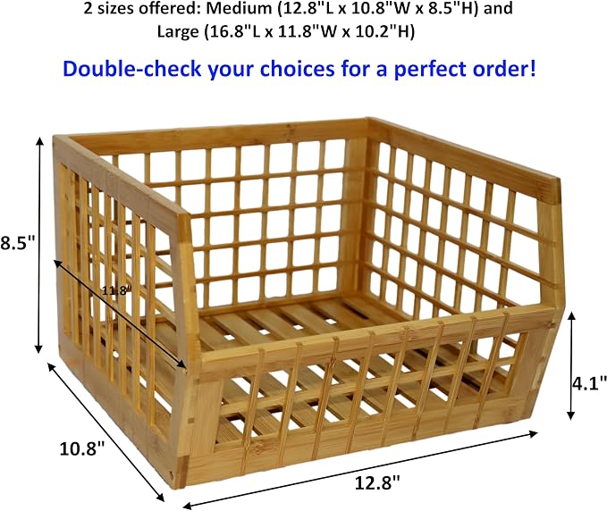 Bamboo Stackable, Open Front, Medium Storage Bins -Lattice Design, 2 Pack